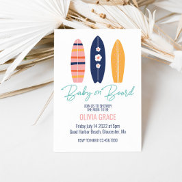 Invitación Bebé a bordo Pink Surfboard Baby Shower
