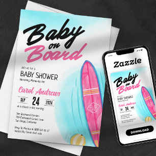 Invitación Bebé a Bordo Pink Surfboard Fiesta de Revelación d