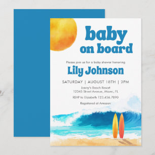 Invitación Bebé a Bordo Playa de Surf Acuarela Baby Shower
