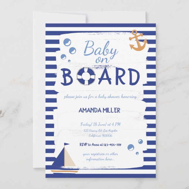 Invitación ¡Bebé a bordo! Sailor Marine Blue Baby Shower (Anverso)