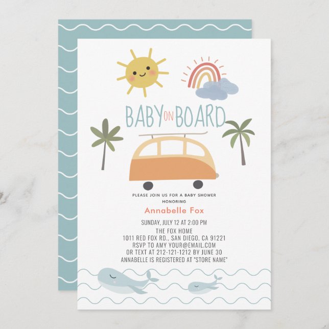 Invitación Bebé a bordo Sunshine Rainbow Van Baby Shower (Anverso / Reverso)
