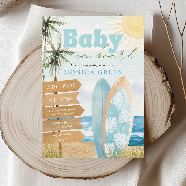 Invitación Bebé a bordo Surf Beach Coastal Cute Baby Shower (Baby on Board Surfing Surfboard Baby Shower Boy Pastel Colors Ocean Beach Coastal Aesthetic)