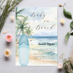Invitación Bebé a bordo surf niño azul playa Baby Shower