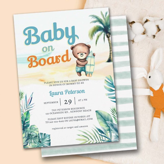 Invitación Bebé a bordo Surf Tropical Cute Boy Baby Shower (baby on board surf beach tropical paradise baby boy shower invitation cute watercolor illustration)