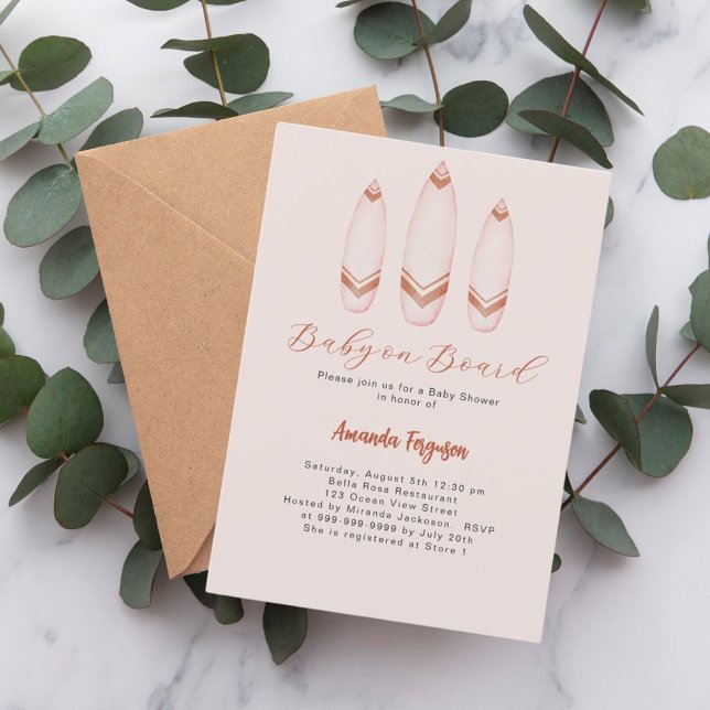 Invitación Bebé a bordo Surfboard Baby Shower marrón beige (Subido por el creador)