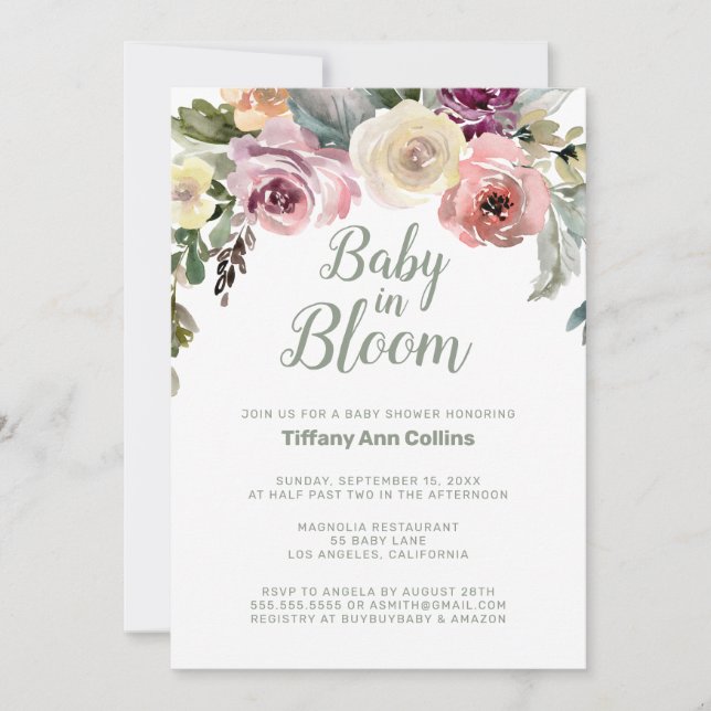 Invitación Bebé acuarela con flores en el Baby Shower de Bloo (Anverso)