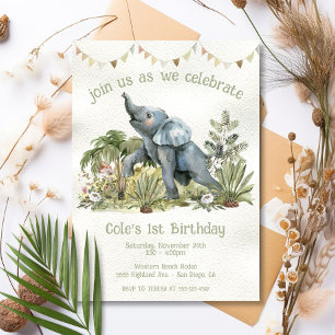 Invitación Bebé Adorable Elefante Primer Fiesta de cumpleaños