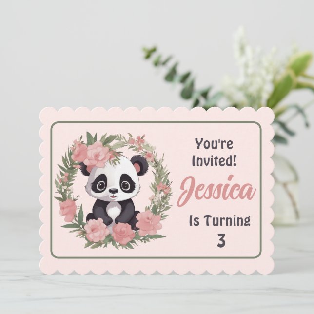 Invitación Bebé Adorable Panda Bear con Flores (Anverso de pie)