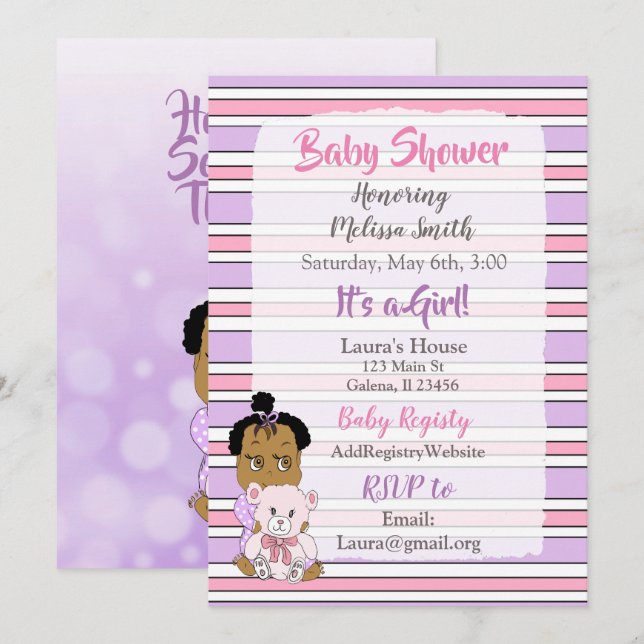 Invitación Bebé Afroamericana Baño de Bebé Niña (Anverso / Reverso)