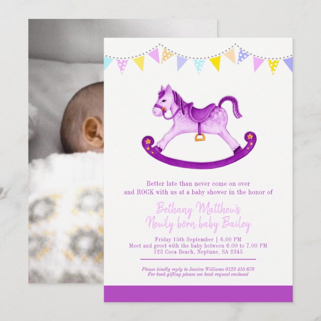 Invitación Bebé agarrado ducha púrpura caballo mecedor conoci (Anverso / Reverso)