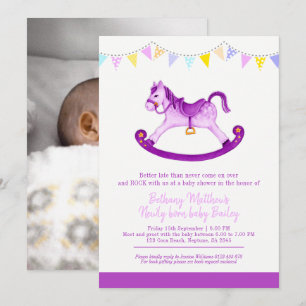 Invitación Bebé agarrado ducha púrpura caballo mecedor conoci