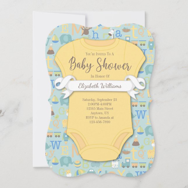 Invitación Bebé Alfabeto ABCs Baby Shower amarillo azul (Anverso)