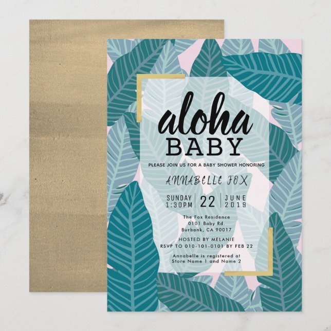 Invitación "Bebé Aloha": Tropical deja Baby Shower rosa (Anverso / Reverso)
