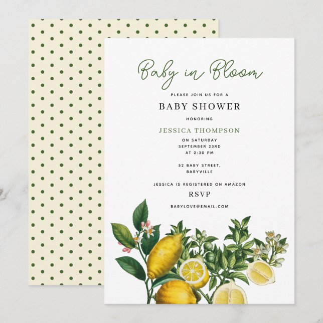 Invitación Bebé amarillo lemónico moderno en Baby Shower en f (Anverso / Reverso)