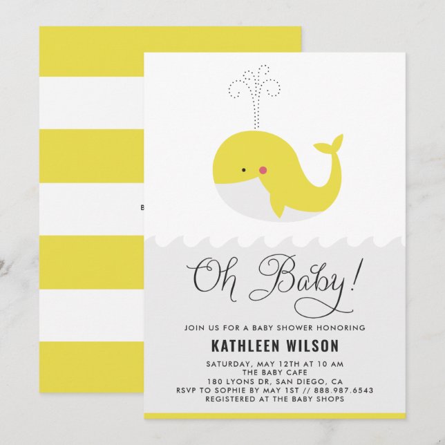 Invitación Bebé amarillo lindo ballena Oh bebé Baby Shower (Anverso / Reverso)
