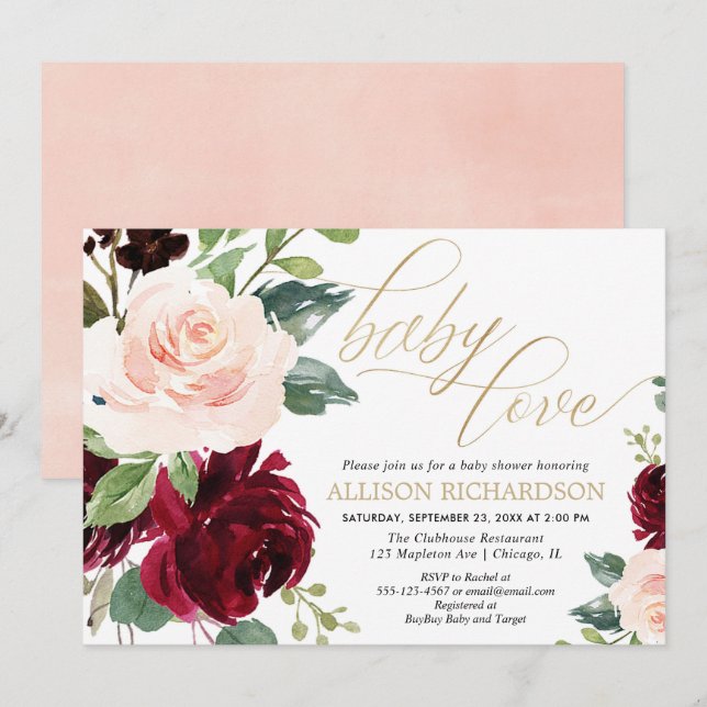 Invitación Bebé Amor rosa oro burdeos floral ducha chica (Anverso / Reverso)