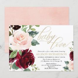 Invitación Bebé Amor rosa oro burdeos floral ducha chica