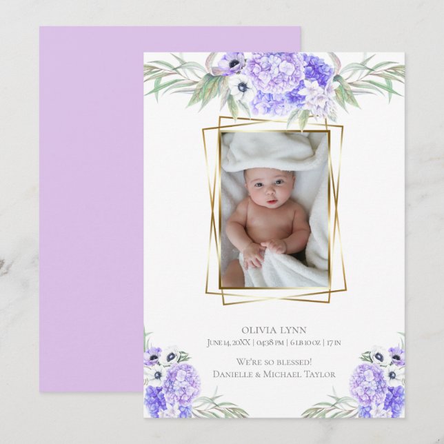 Invitación Bebé | Añadir foto violeta anemona floral (Anverso / Reverso)