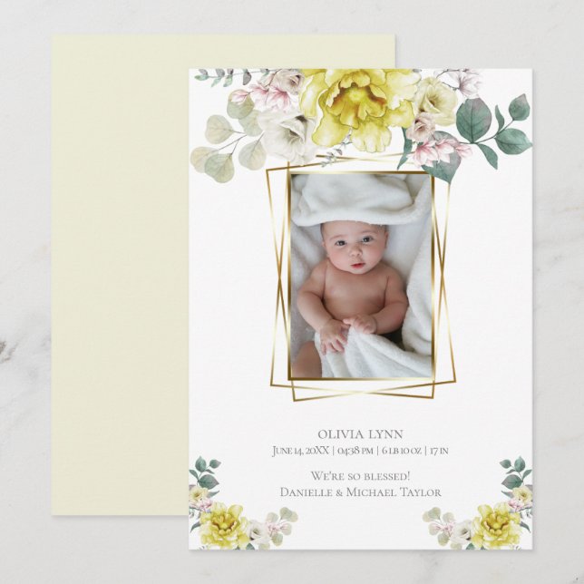 Invitación Bebé | Añadir fotograma dorado de personas amarill (Anverso / Reverso)