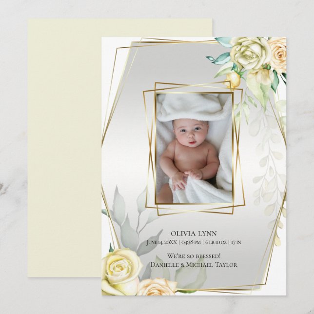Invitación Bebé | Añadir fotograma dorado de rosas amarillas (Anverso / Reverso)