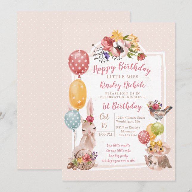 Invitación Bebé Animales Niña Polka Dots fiesta de cumpleaños (Anverso / Reverso)