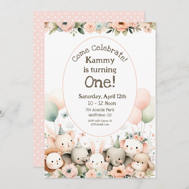 Invitación Bebé Animales Primer Cumpleaños (Anverso / Reverso)