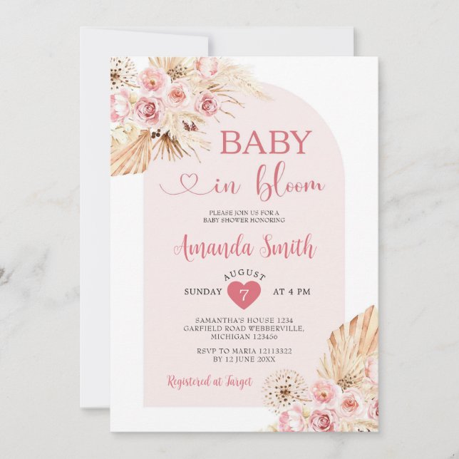 Invitación Bebé Arch Boho en flor Baby Shower Pampas Grass (Anverso)