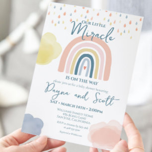 Invitación Bebé arcoiris Nubes pastel Boho Ilustras Ducha