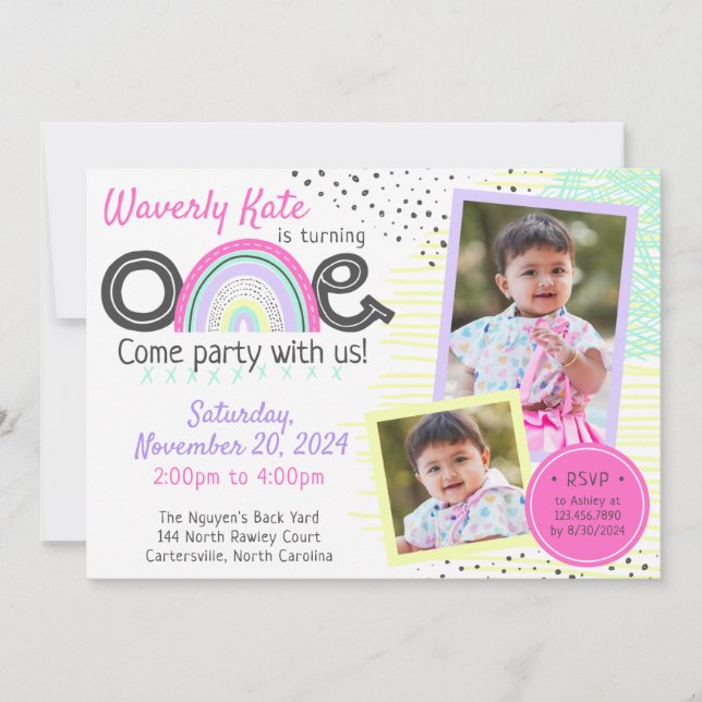 Invitación Bebé arcoiris Primer cumpleaños Doodles Kawaii 2-F (Anverso)