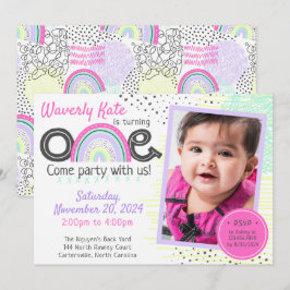 Invitación Bebé arcoiris Primer cumpleaños foto de Doodles de