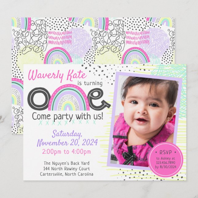 Invitación Bebé arcoiris Primer cumpleaños foto de Doodles de (Anverso / Reverso)