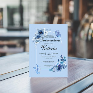 Invitación Bebé azul arco mariposas florales Quinceañera