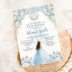 Invitación Bebé Azul Blanco Floral Cinderella Quinceañera 15