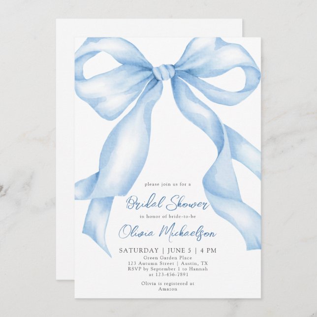 Invitación Bebé Azul Bow Coquette Ribbon Ducha De Novias (Anverso / Reverso)