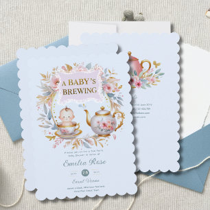 Invitación Bebé azul Breve té Fiesta Ducha Brunch Floral
