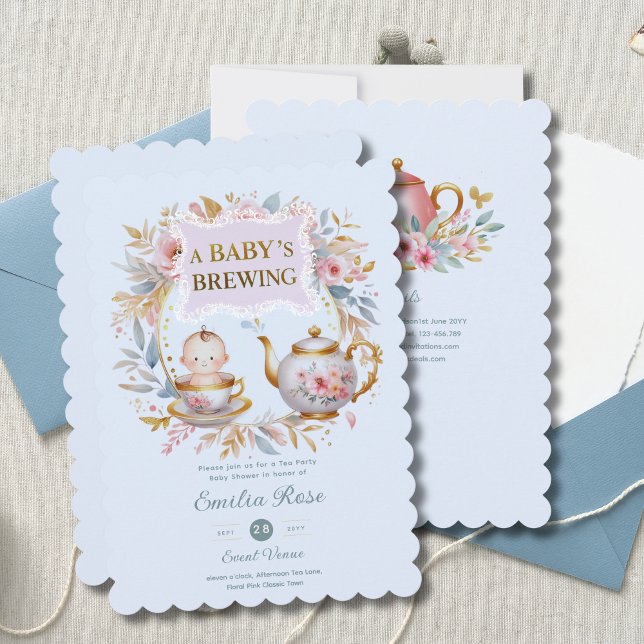 Invitación Bebé azul Breve té Fiesta Ducha Brunch Floral (Subido por el creador)