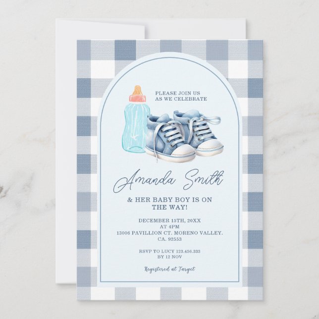 Invitación Bebé azul calzado Gingham Boy Botellas de leche (Anverso)