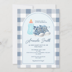 Invitación Bebé azul calzado Gingham Boy Botellas de leche