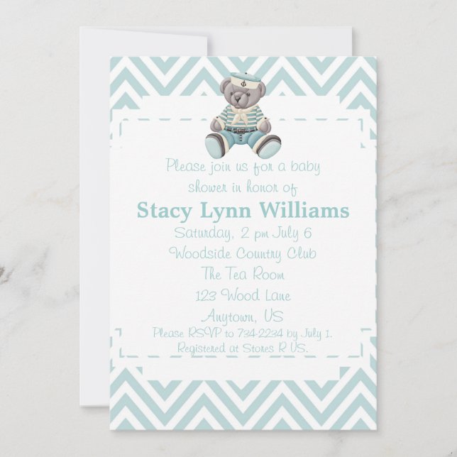 Invitación Bebé azul Chevron Baby Shower (Anverso)