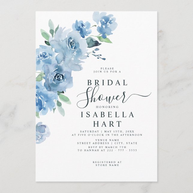 Invitación Bebé azul claro Elegante Floral Bridal Shower (Anverso)