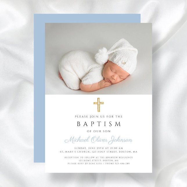 Invitación Bebé azul de travesía religiosa de niño foto bauti (Baby Blue Religious Cross Boy Photo Baptism Invitation)