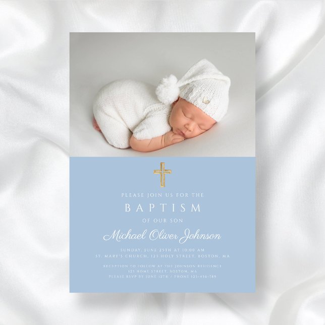Invitación Bebé azul de travesía religiosa de niño foto bauti (Baby Blue Religious Cross Boy Photo Baptism Invitation)