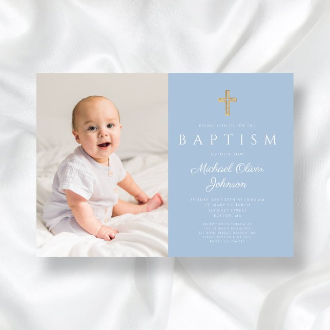 Invitación Bebé azul de travesía religiosa de niño foto bauti (Baby Blue Religious Cross Boy Photo Baptism Invitation)
