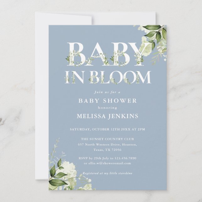 Invitación Bebé Azul Dusto En Baby Shower Con Fotos Florales  (Anverso)