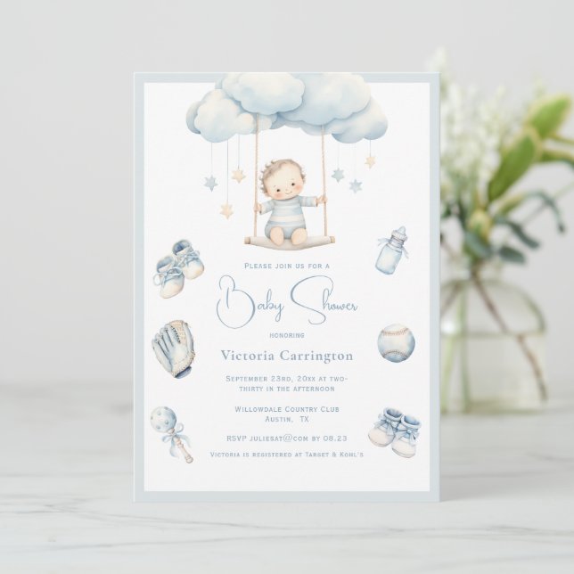 Invitación Bebé azul en Cloud Boy Baby Shower (Anverso de pie)