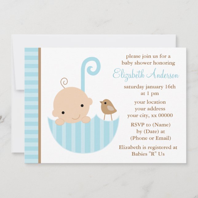 Invitación Bebé azul en el Baby Shower de los paraguas (Anverso)
