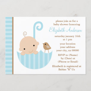 Invitación Bebé azul en el Baby Shower de los paraguas