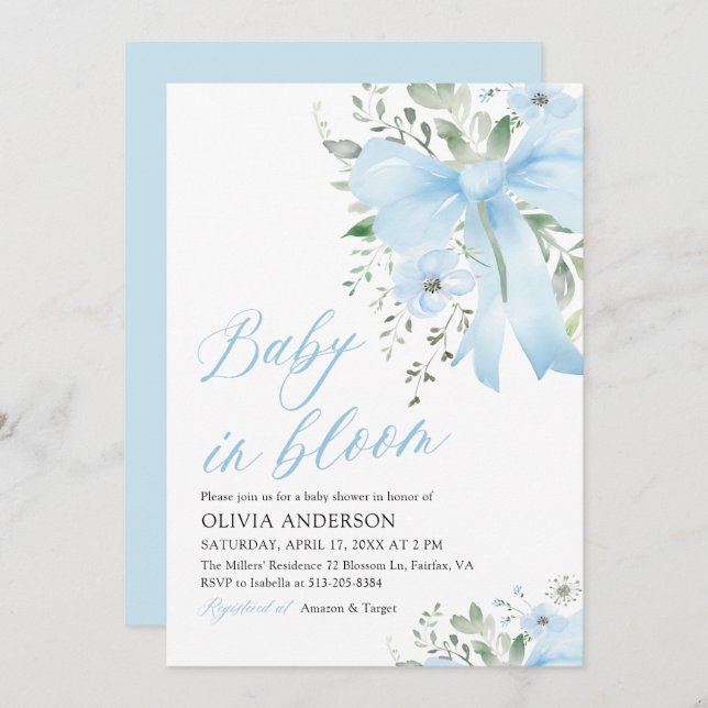 Invitación Bebé azul en el florero Baby Shower (Anverso / Reverso)