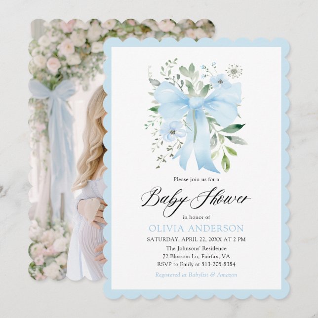 Invitación Bebé azul en un bebé florido en un Baby Shower (Anverso / Reverso)