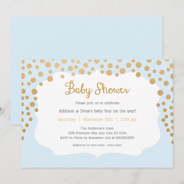 Invitación Bebé azul + faux dorado baby shower (Anverso / Reverso)